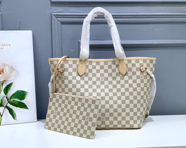 LV Neverfull MM Tote Bag Damier Azur Canvas Rose Ballerine Pink For Women N41605