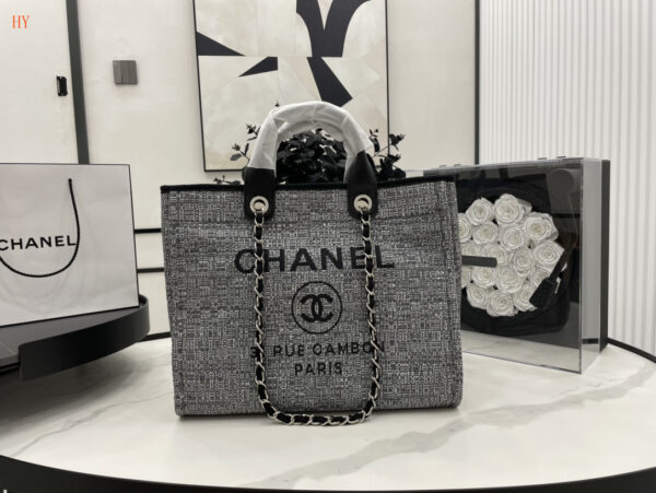 CN Deauville Tote Bag in Raffia Canvas, Black/White for Women