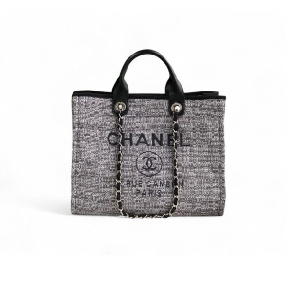 CN Deauville Tote Bag in Raffia Canvas, Black/White for Women