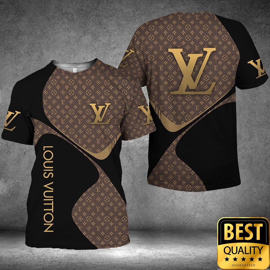 Luxury Louis Vuitton Black And Brown Monogram Vertical Brand Name 3D Shirt 134