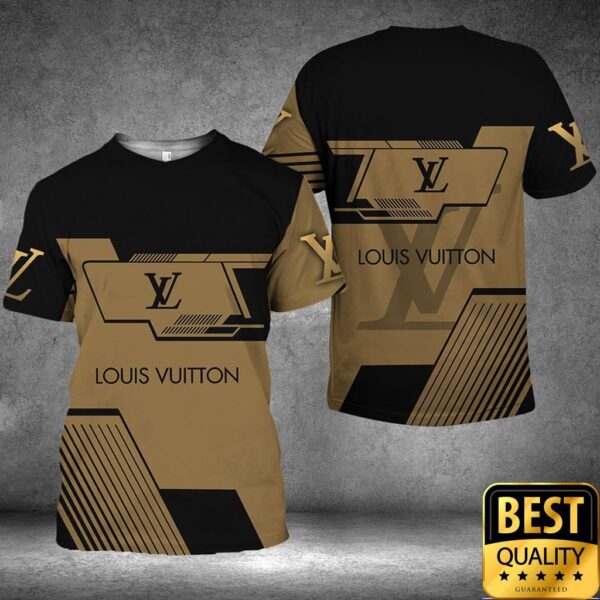 Luxury Louis Vuitton Black And Light Brown With Brand Name On Sleeves 3D Shirt 136