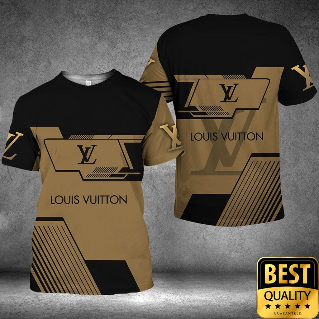Luxury Louis Vuitton Black And Light Brown With Brand Name On Sleeves 3D Shirt 136