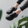 Women Black Leather Monk Shoes, Oxford Women Shoes, Black Tie Shoes H0008 Women Black Leather Monk Shoes, Oxford Women Shoes, Black Tie Shoes H0008