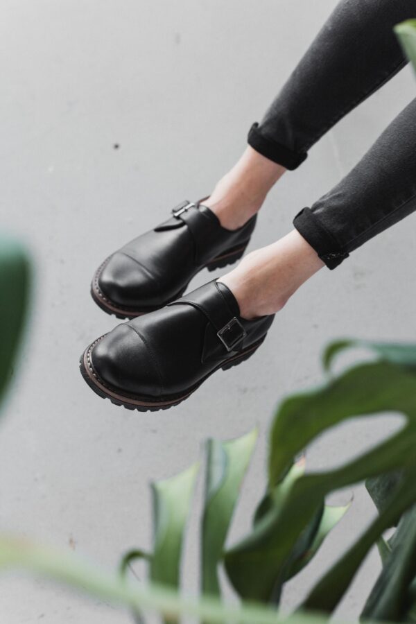 Women Black Leather Monk Shoes, Oxford Women Shoes, Black Tie Shoes H0008 Women Black Leather Monk Shoes, Oxford Women Shoes, Black Tie Shoes H0008