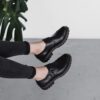 Women Black Leather Monk Shoes, Oxford Women Shoes, Black Tie Shoes H0008 Women Black Leather Monk Shoes, Oxford Women Shoes, Black Tie Shoes H0008