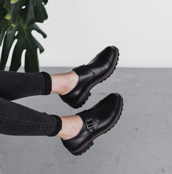 Women Black Leather Monk Shoes, Oxford Women Shoes, Black Tie Shoes H0008 Women Black Leather Monk Shoes, Oxford Women Shoes, Black Tie Shoes H0008