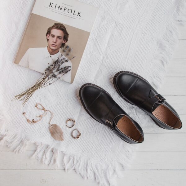 Women Black Leather Monk Shoes, Oxford Women Shoes, Black Tie Shoes H0008 Women Black Leather Monk Shoes, Oxford Women Shoes, Black Tie Shoes H0008